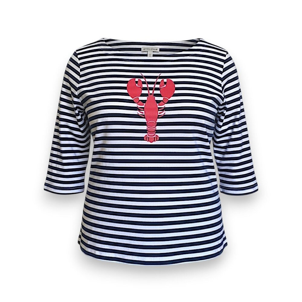 Appleseed’s Nautical Lobster Stripe Top 3/4 Sleeve Coastal Maine Tee Seaside